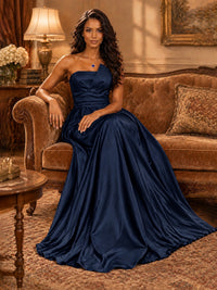 Draped Satin Prom Dress Strapless A-line Formal Dress Floor Length