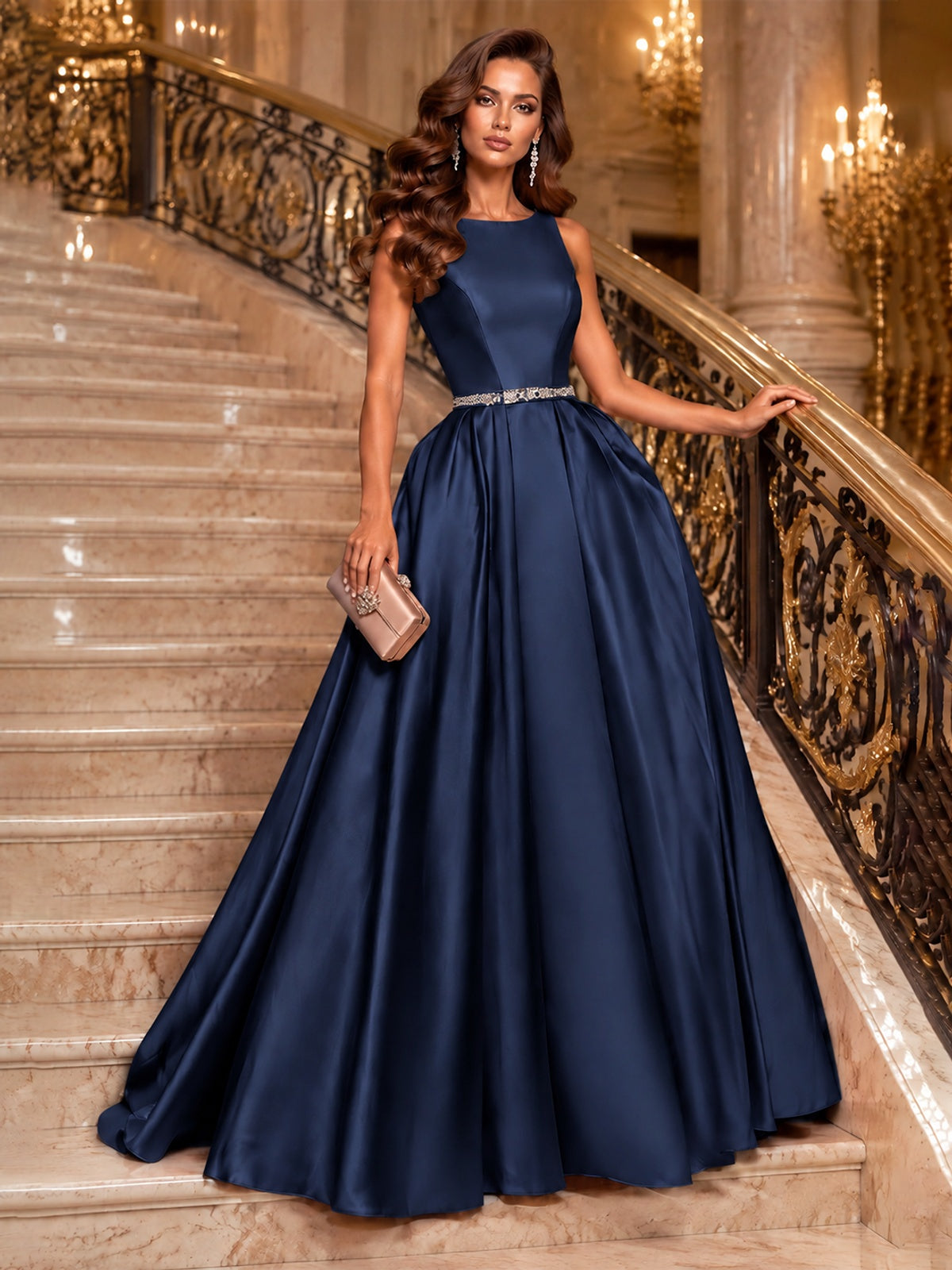 Satin A-Line Prom Dress Sleeveless Beaded Waist Formal Gown with Pockets