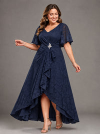 Jacquard Chiffon A-Line V-Neck High-Low Mother of the Bride Dress