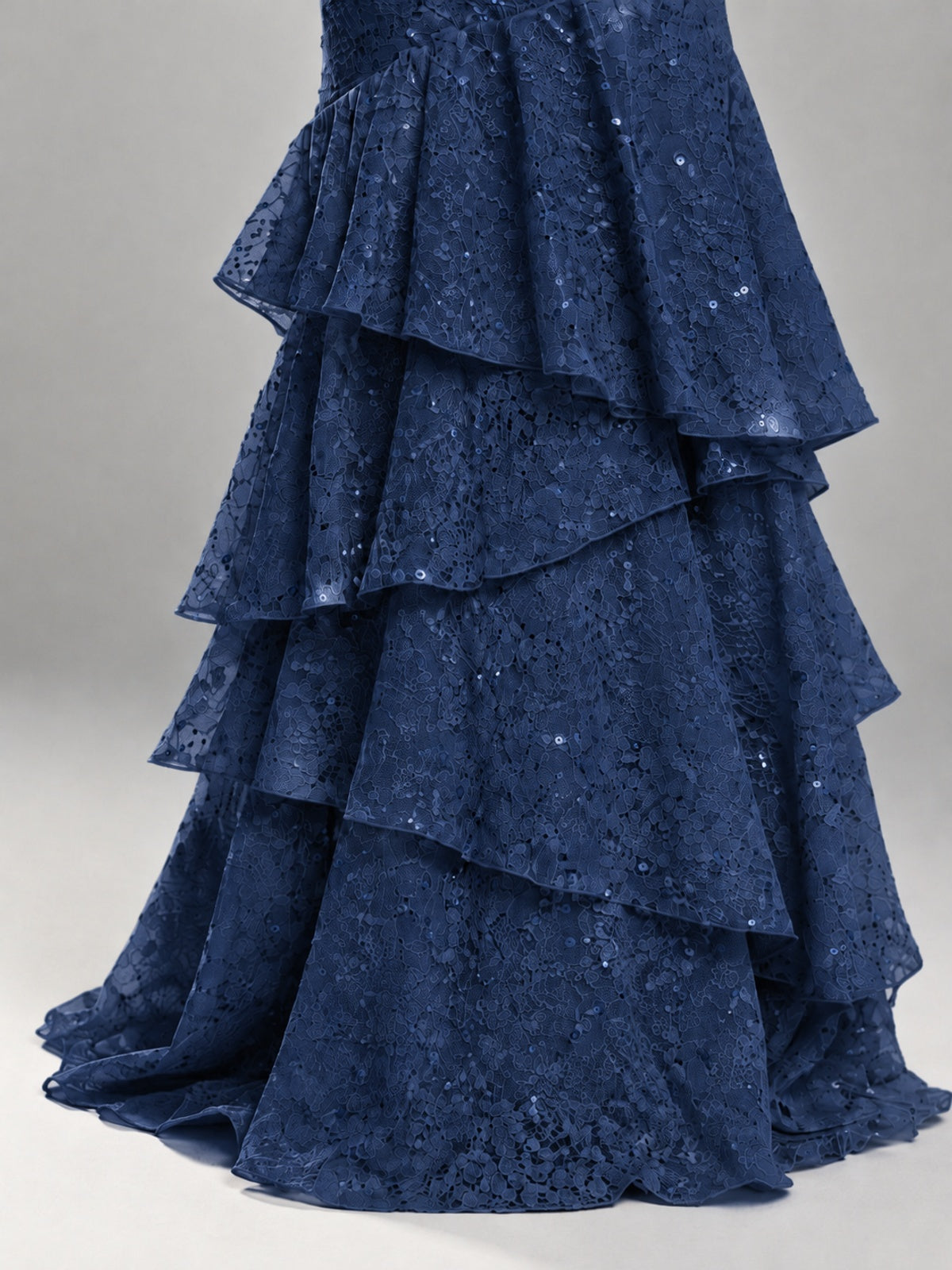 Halter Tiered Mermaid Prom Dress with Sparkly Lace