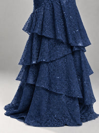 Halter Tiered Mermaid Prom Dress with Sparkly Lace