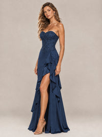 Strapless Lace Appliques Corset Satin Prom Dress Ruffle Slit Evening Gown