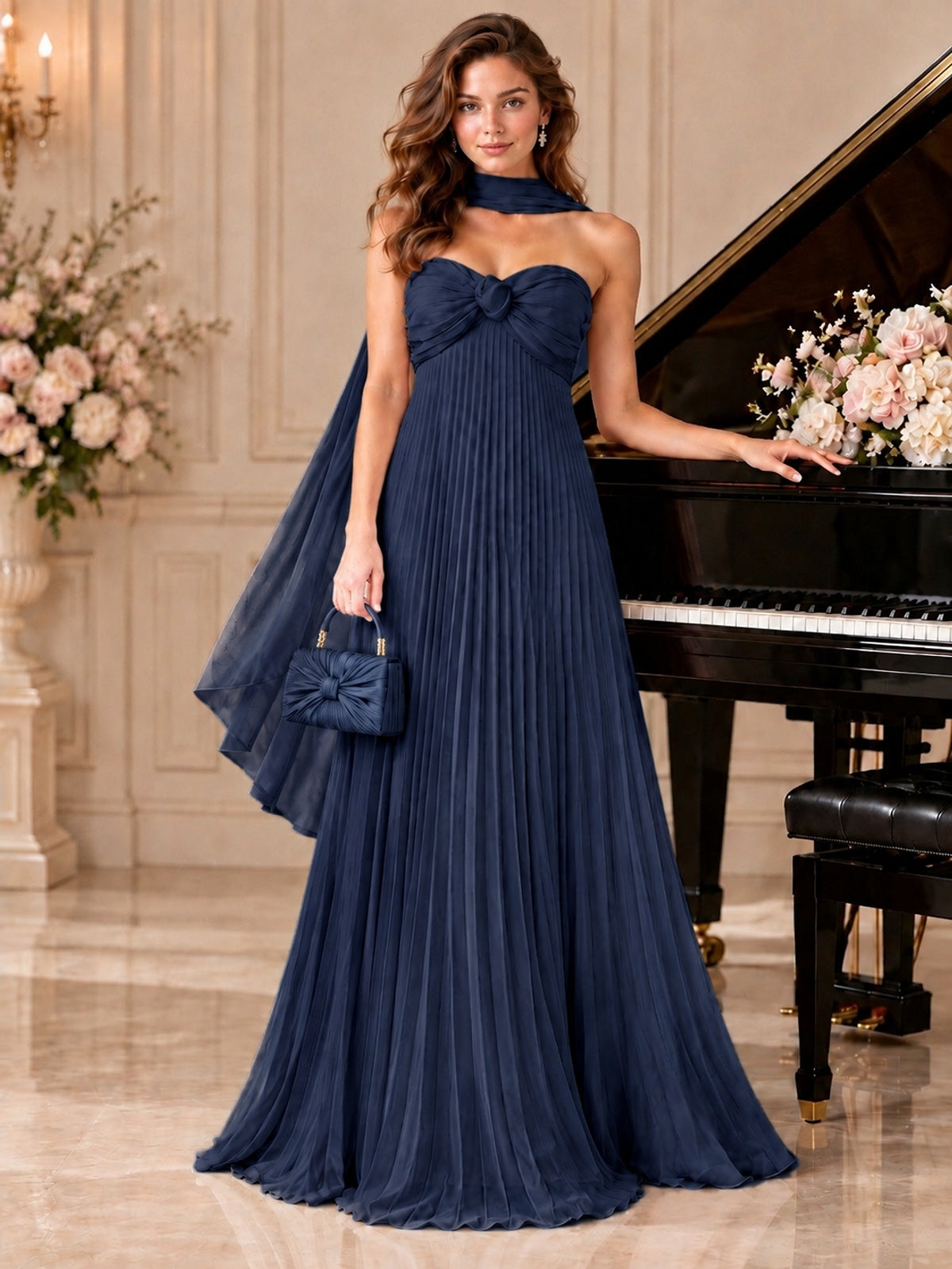 Sweetheart Neckline Pleated Prom Dress Strapless A-line Formal Dress with Flowy Scarf