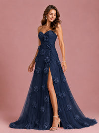3D Floral Applique Strapless Tulle Prom Dress with High Slit