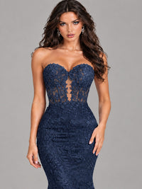 Strapless Corset Mermaid Prom Dress Lace Appliqué Formal Gown