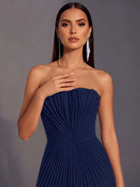 Strapless A-line Long Pleated Satin Prom Dress