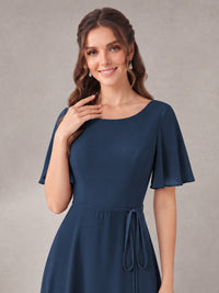 Scoop Neck A-line Chiffon Bridesmaid Dress with Flutter Sleeve & Belt