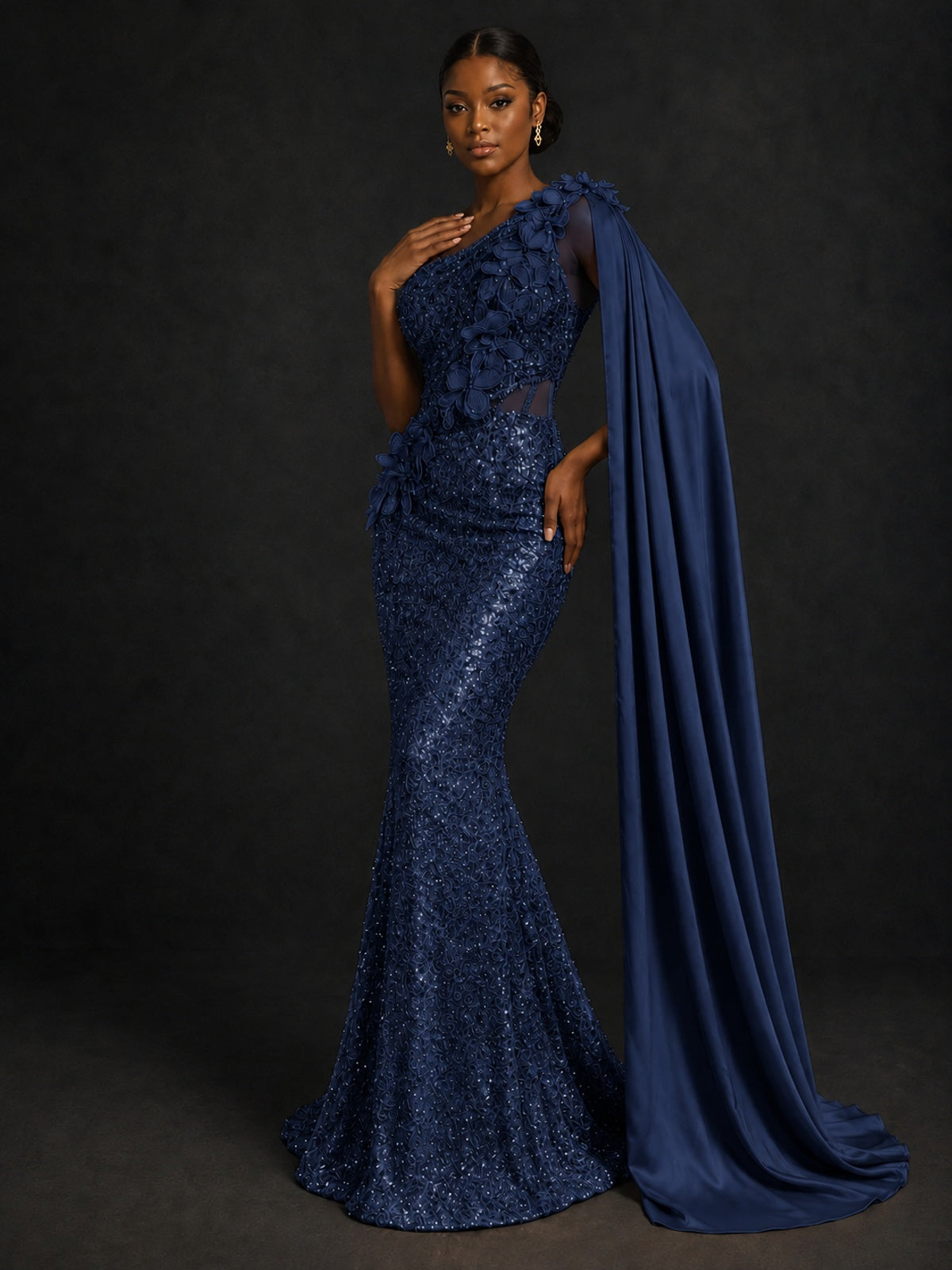 Gold Sequin One Shoulder Mermaid Prom Dress with Cape