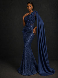 Gold Sequin One Shoulder Mermaid Prom Dress with Cape