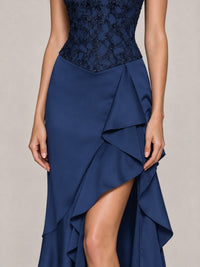 Strapless Lace Appliques Corset Satin Prom Dress Ruffle Slit Evening Gown