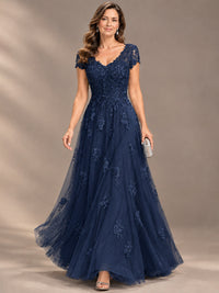 Lace Appliques A-line Mother of The Bride Dresses with Short Sleeves