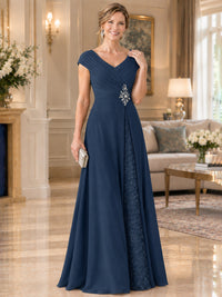 Pleated Chiffon Lace Mother of The Bride Dresses with Beading Cap Sleeves