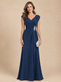 V Neck Pleated Mother of The Bride Dresses with Beading Cap Sleeves