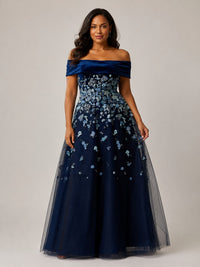 Navy Floral Embroidered Mother of the Bride Dress Off-Shoulder A-Line Gown