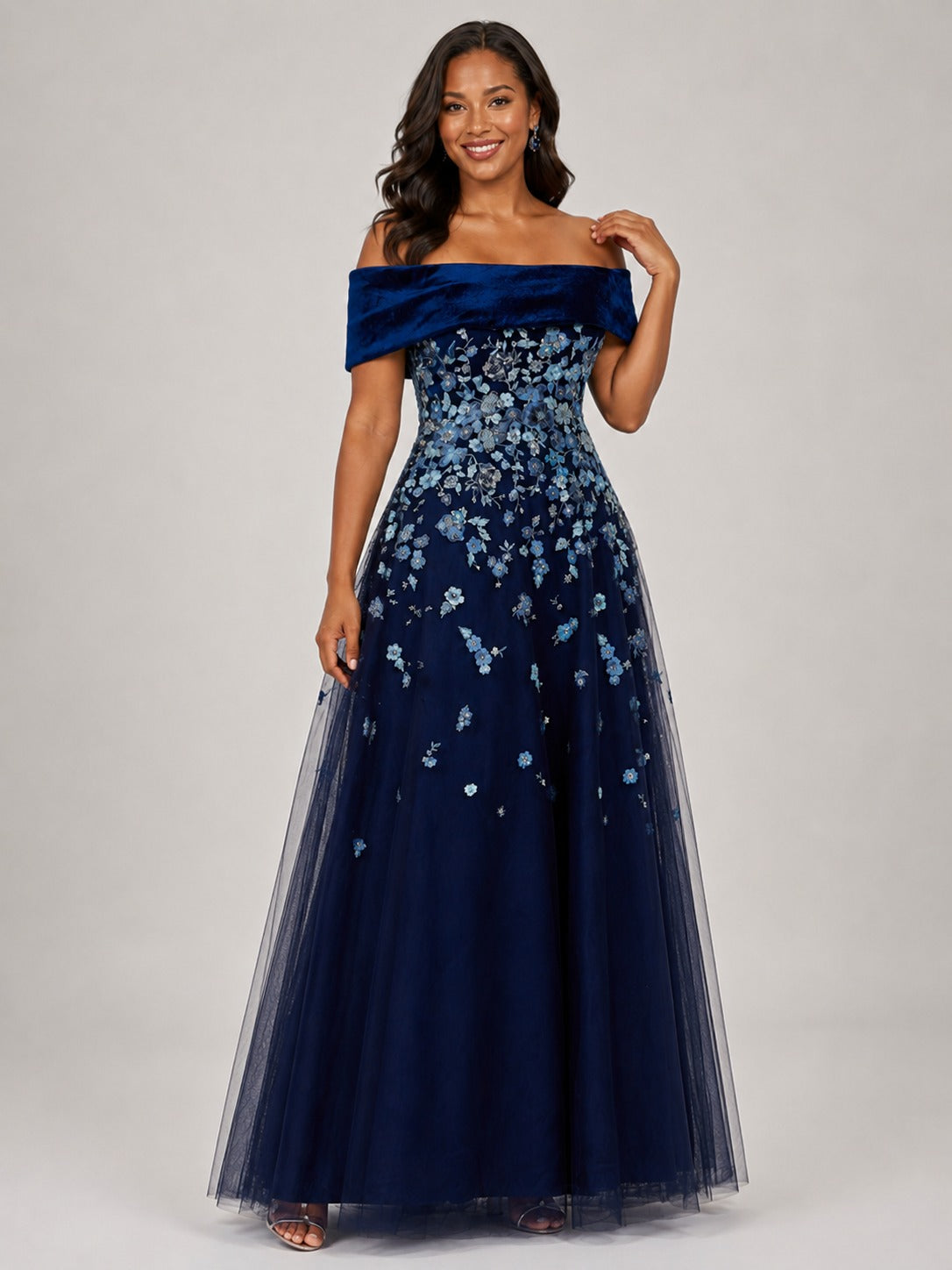 Navy Floral Embroidered Mother of the Bride Dress Off-Shoulder A-Line Gown