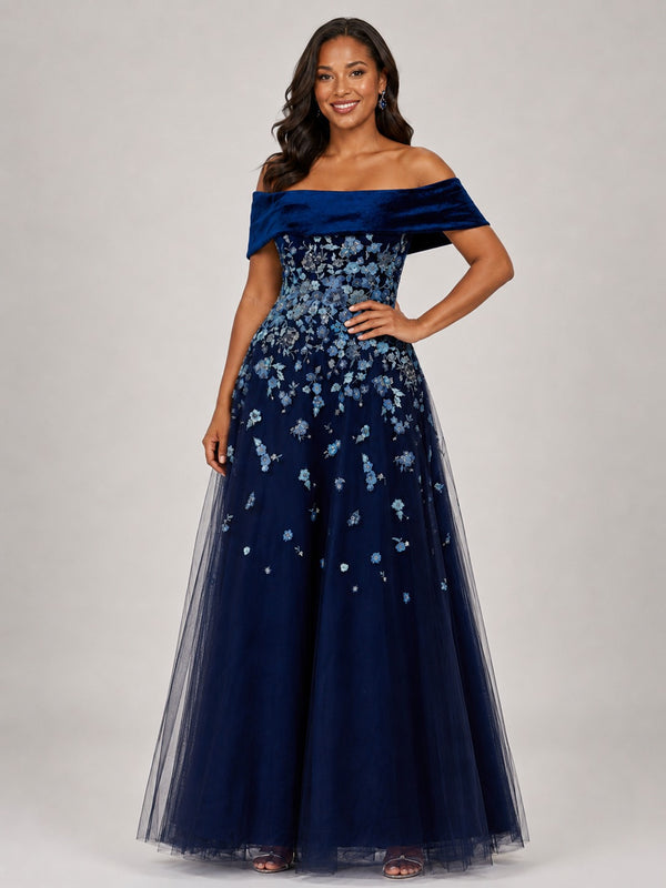 Navy Floral Embroidered Mother of the Bride Dress Off-Shoulder A-Line Gown