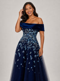 Navy Floral Embroidered Mother of the Bride Dress Off-Shoulder A-Line Gown