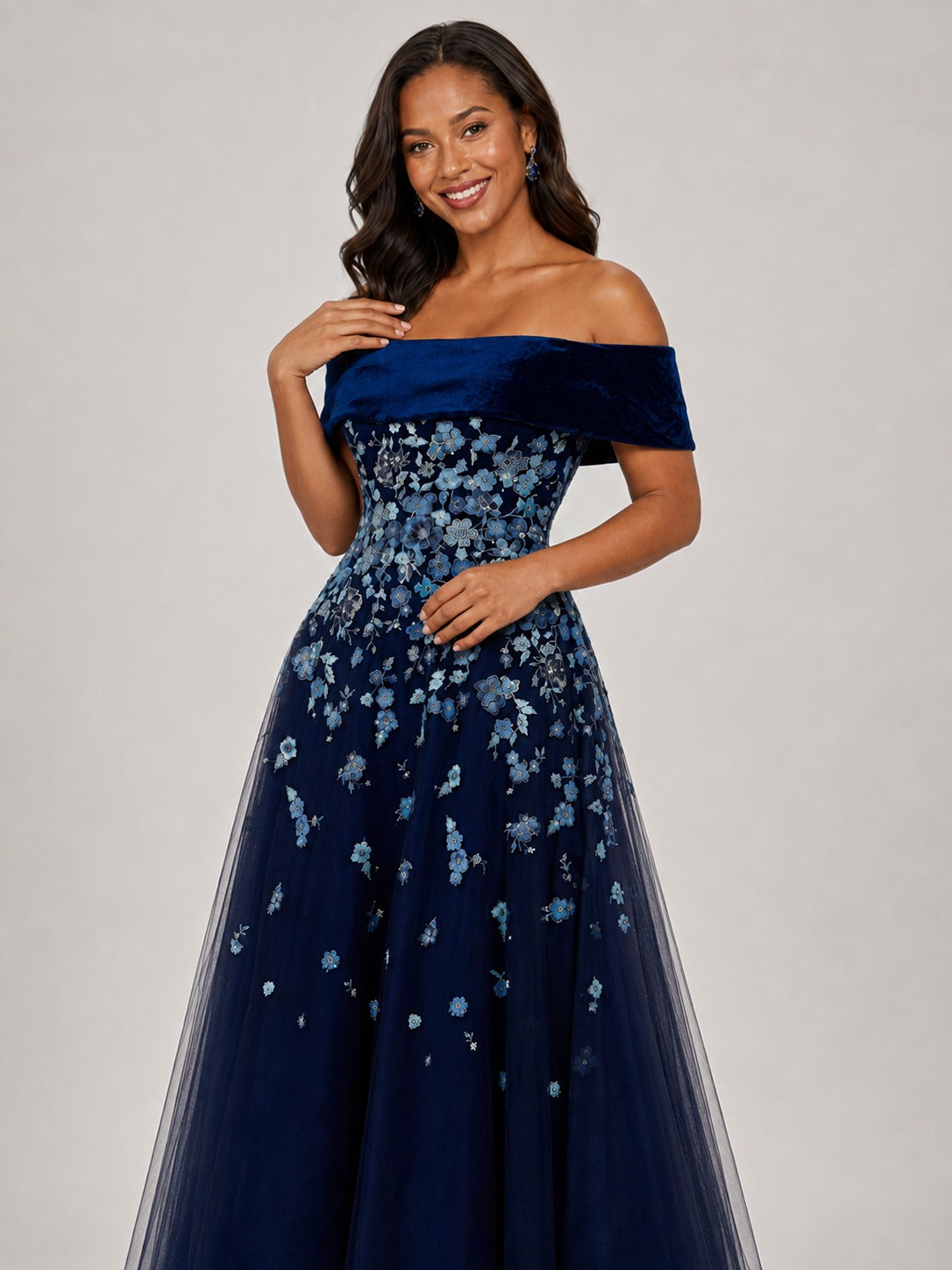 Navy Floral Embroidered Mother of the Bride Dress Off-Shoulder A-Line Gown