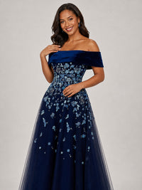 Navy Floral Embroidered Mother of the Bride Dress Off-Shoulder A-Line Gown