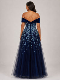 Navy Floral Embroidered Mother of the Bride Dress Off-Shoulder A-Line Gown