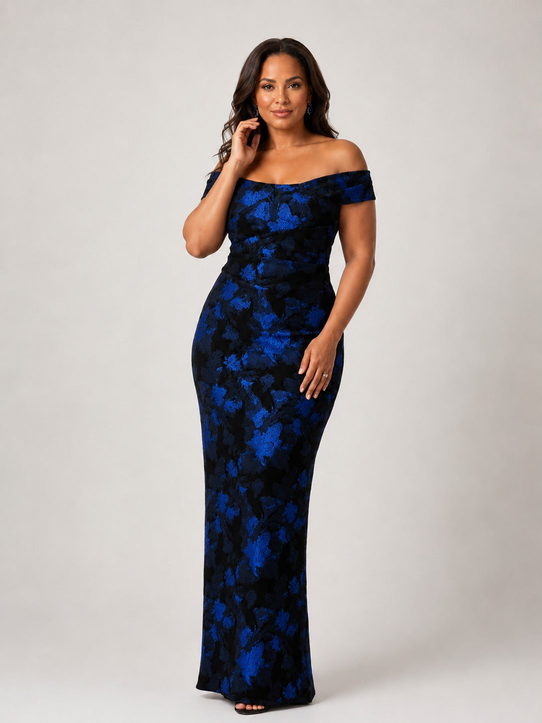 Navy floral off shoulder mother of the bride dress with ruched bodice by Jovellee
