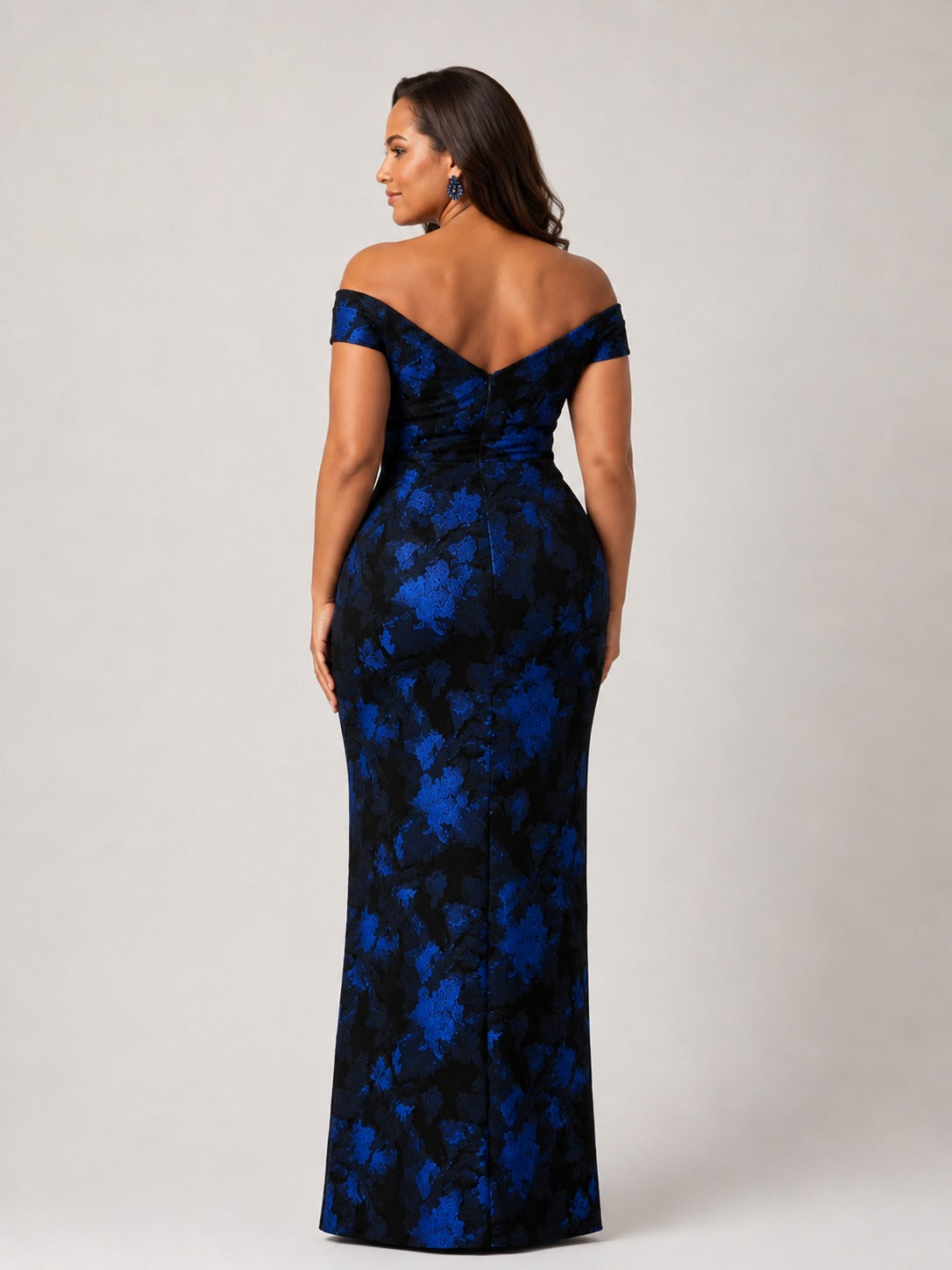 Navy Floral Off-Shoulder Mother of the Bride Dress