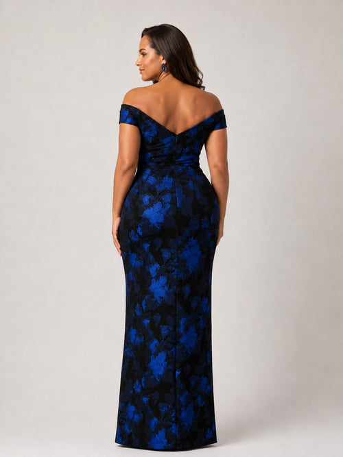 Navy Floral Off-Shoulder Mother of the Bride Dress