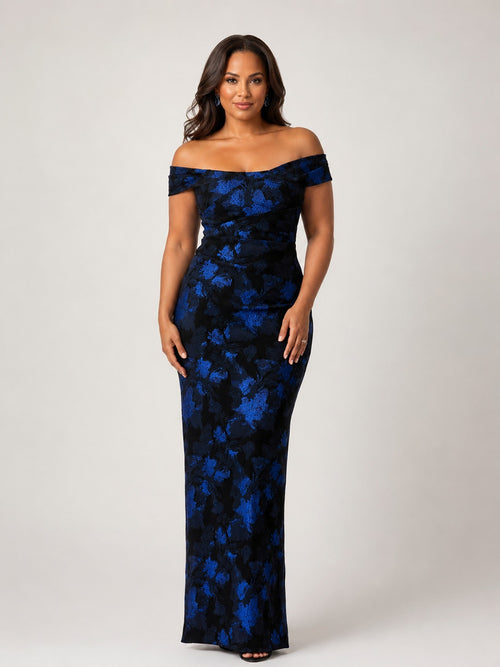 Navy blue floral mother of the bride floor length formal gown with off shoulder neckline