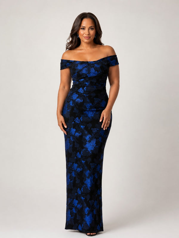 Navy blue floral mother of the bride floor length formal gown with off shoulder neckline