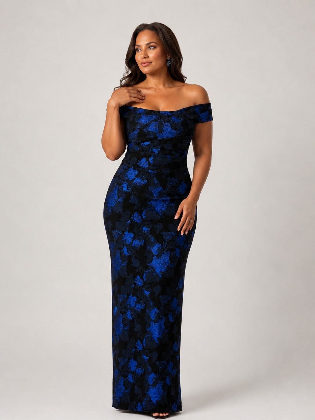 Navy Floral Off-Shoulder Mother of the Bride Dress