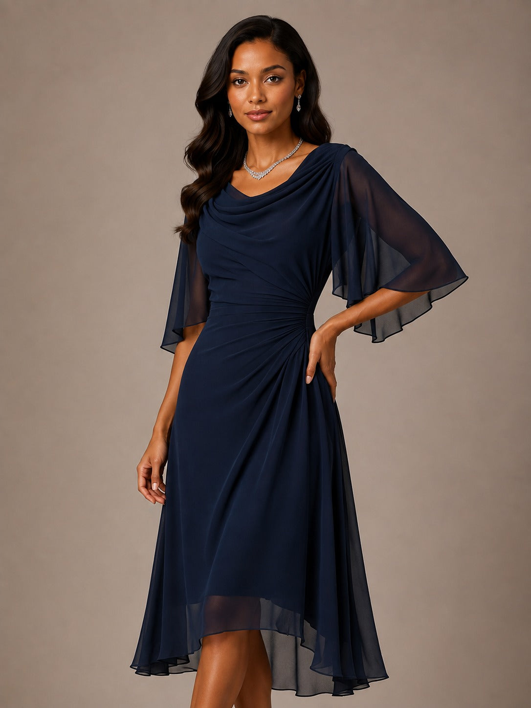 Navy Mother of the Bride Midi Dress with Flutter Sleeves – Cowl Neck