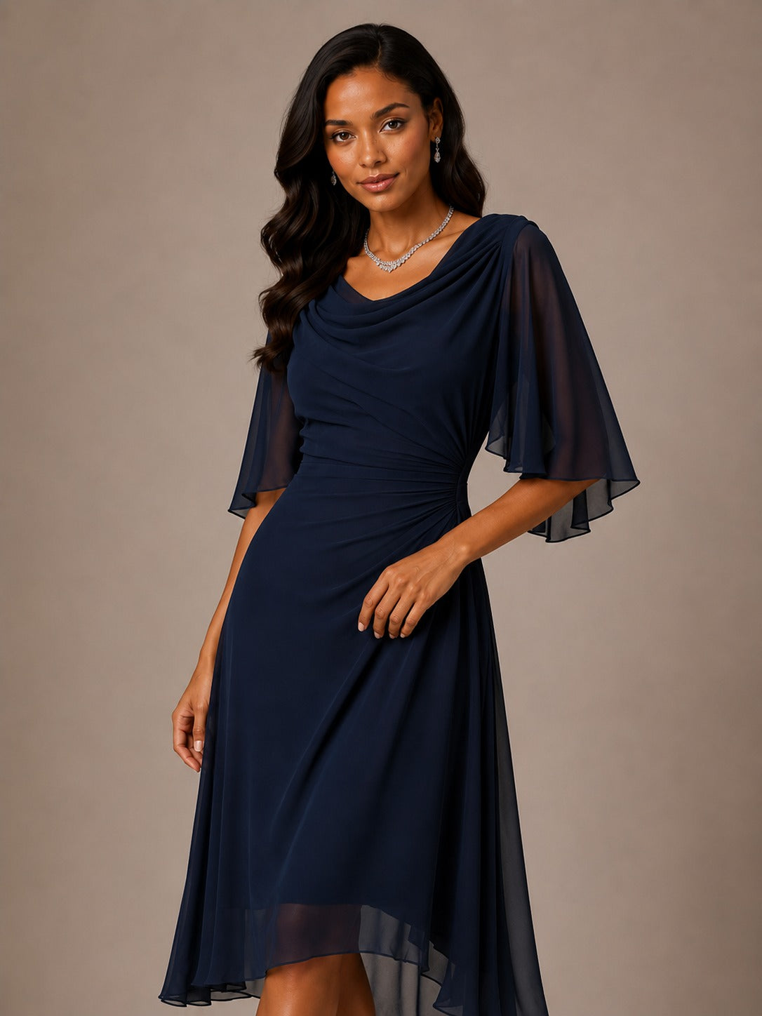 Navy Mother of the Bride Midi Dress with Flutter Sleeves – Cowl Neck