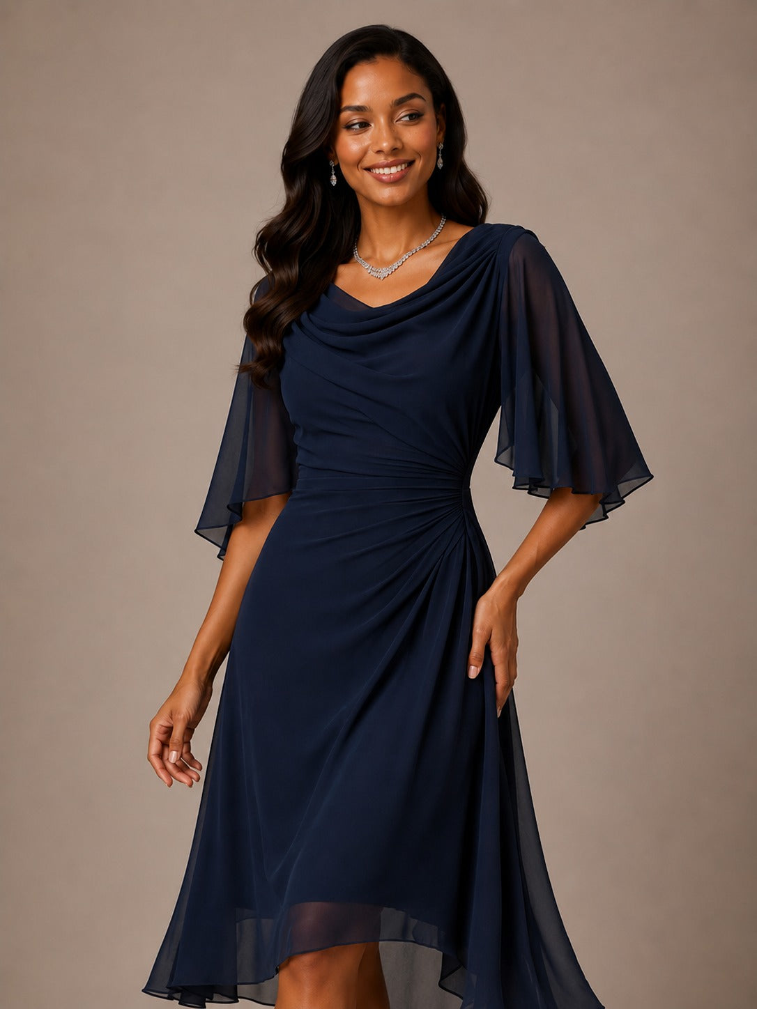 Navy Mother of the Bride Midi Dress with Flutter Sleeves – Cowl Neck