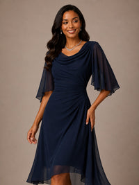 Navy Mother of the Bride Midi Dress with Flutter Sleeves – Cowl Neck
