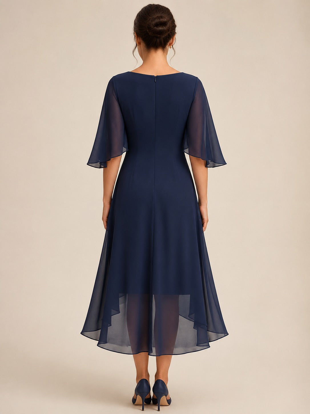 Navy Mother of the Bride Midi Dress with Flutter Sleeves – Cowl Neck