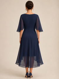 Navy Mother of the Bride Midi Dress with Flutter Sleeves – Cowl Neck