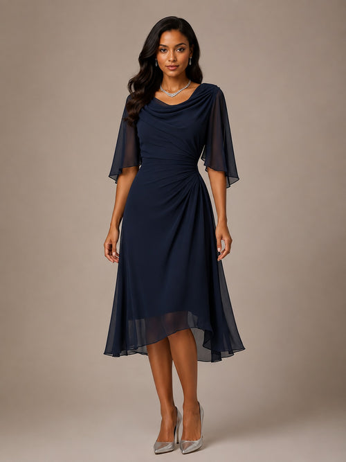 Navy mother of the bride midi dress with sheer flutter sleeves, cowl neckline and ruched waist by Jovellee