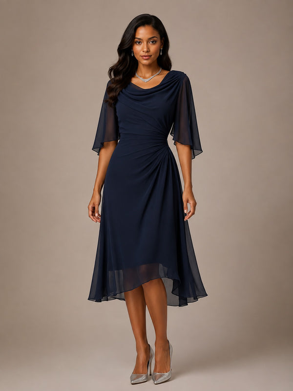 Navy mother of the bride midi dress with sheer flutter sleeves, cowl neckline and ruched waist by Jovellee