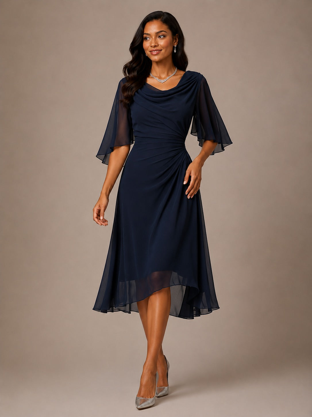 Navy Mother of the Bride Midi Dress with Flutter Sleeves – Cowl Neck