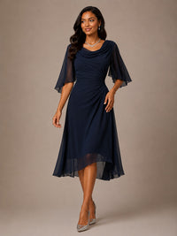 Navy Mother of the Bride Midi Dress with Flutter Sleeves – Cowl Neck