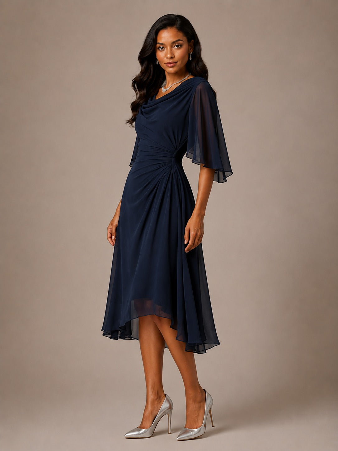 Navy Mother of the Bride Midi Dress with Flutter Sleeves – Cowl Neck