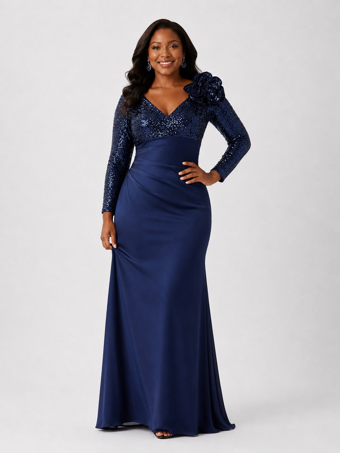 Navy sequin mother of the bride dress with long sleeves and 3D flower by Jovellee