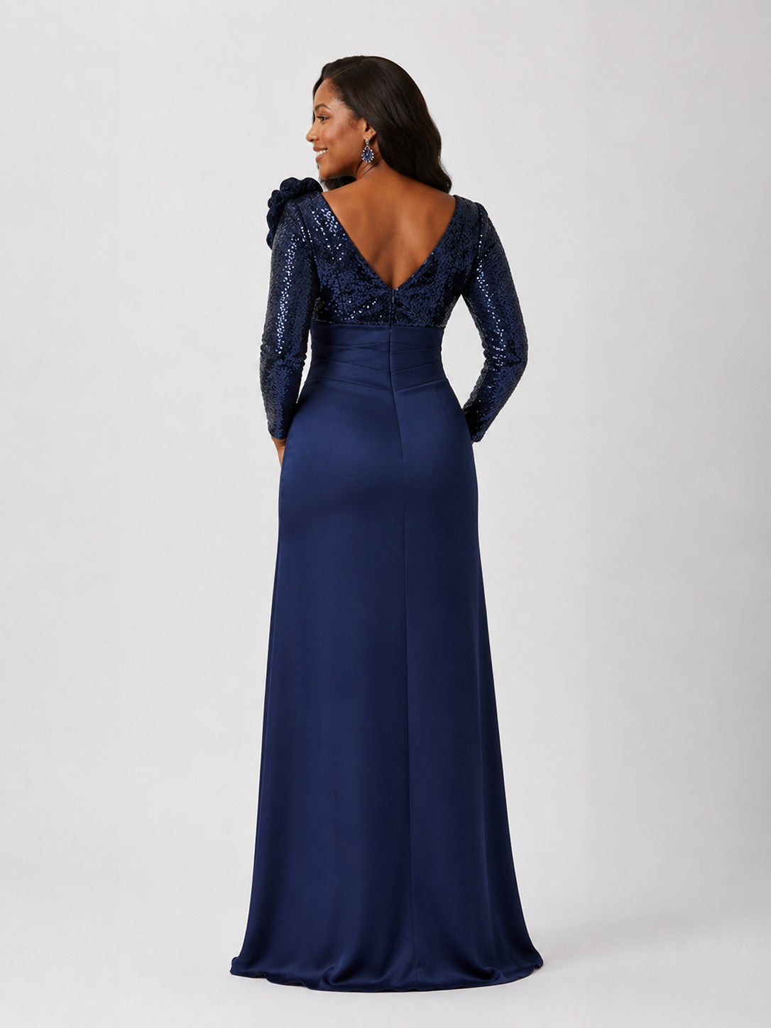 Navy Sequin Mother of the Bride Dress with Long Sleeves 3D Floral V-Neck Gown