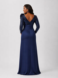 Navy Sequin Mother of the Bride Dress with Long Sleeves 3D Floral V-Neck Gown