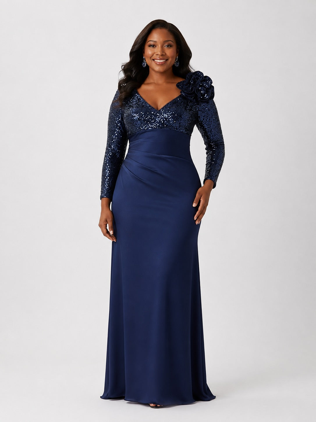 Navy Sequin Mother of the Bride Dress with Long Sleeves 3D Floral V-Neck Gown