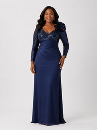 Navy Sequin Mother of the Bride Dress with Long Sleeves 3D Floral V-Neck Gown