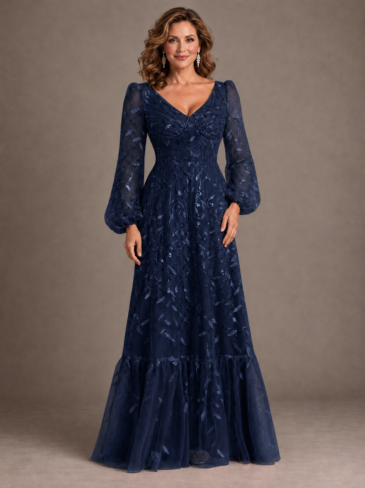 Dusty Rose Floral Embroidered A-Line Mother of the Bride Dress with Long Sleeves