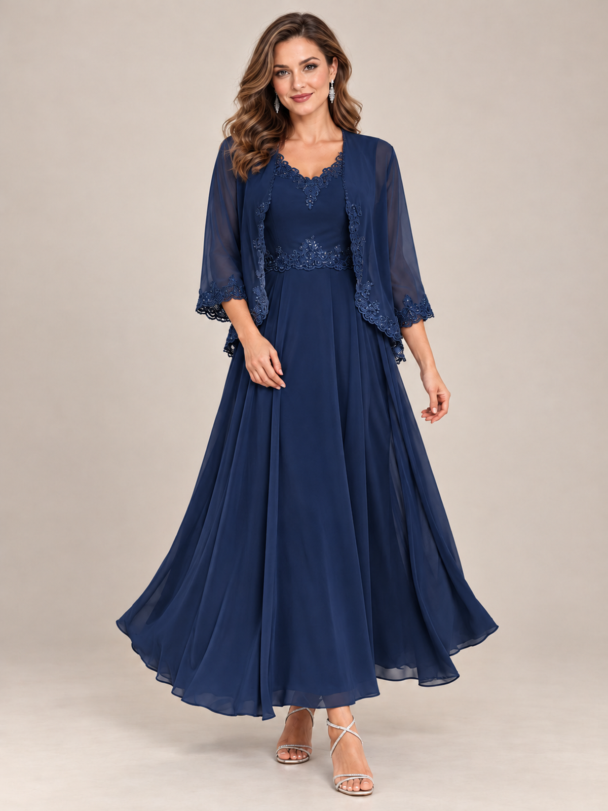 Dusty Blue Floral Lace Chiffon Mother of the Bride Dress with Jacket