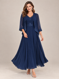Dusty Blue Floral Lace Chiffon Mother of the Bride Dress with Jacket