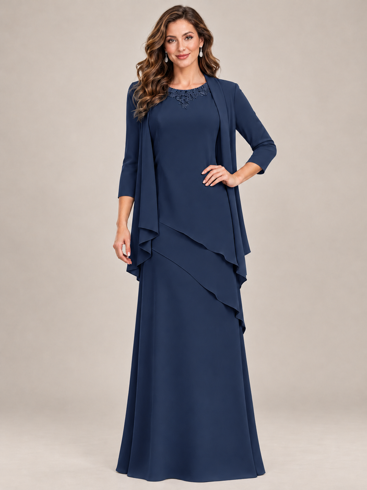 Dusty Blue Two-Piece Chiffon Mother of the Bride Dress with Jacket